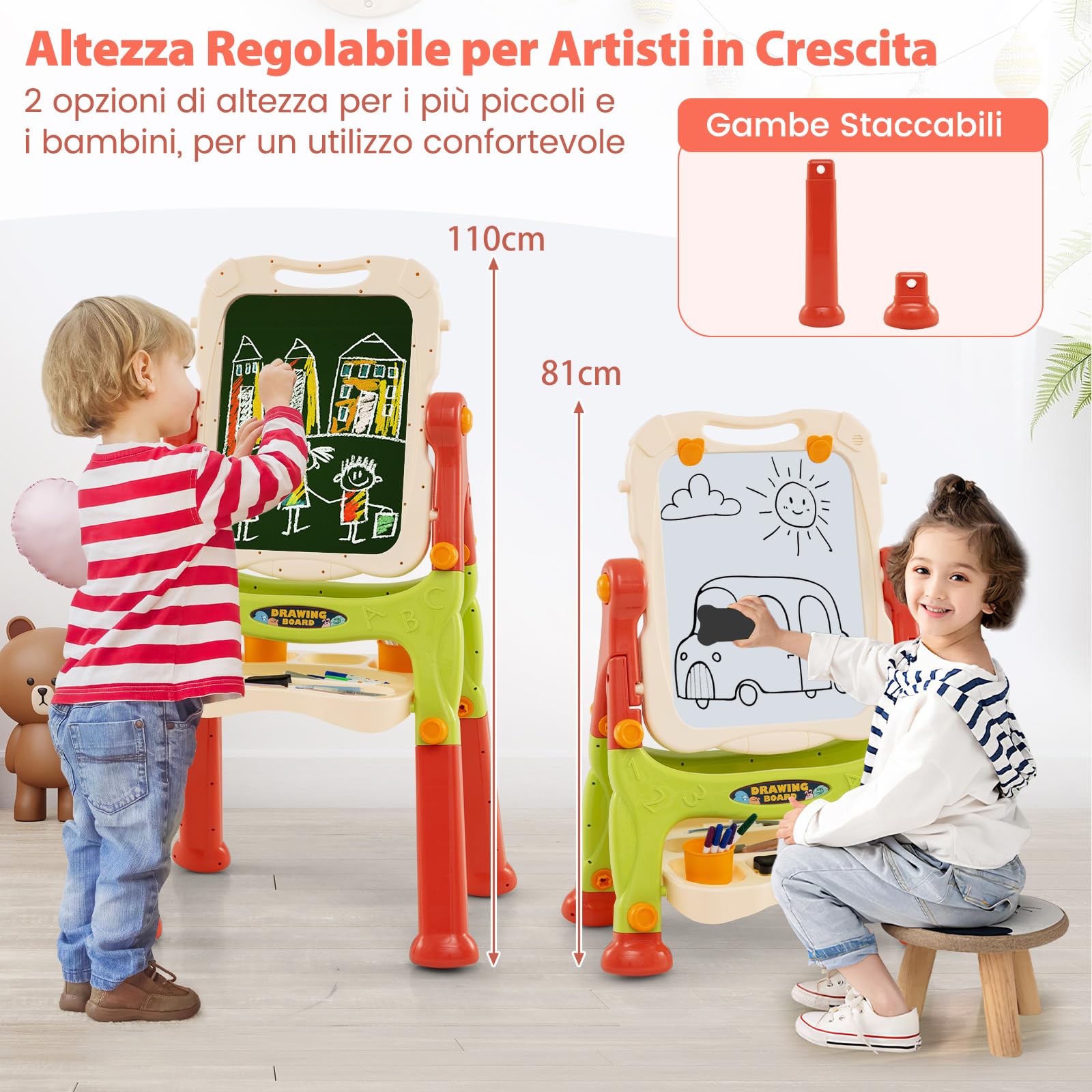 GYMAX Lavagna Magnetica per Bambini, Cavalletto da Disegno Doppio Lato con Lavagna, Tavolo da Disegno Portatile con Maniglia, Altezza Regolabile per Bambini 3+ Anni (Rosso)