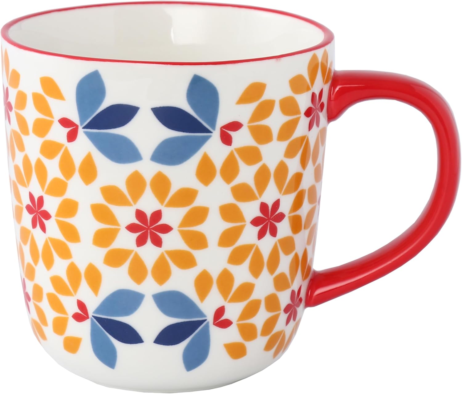 Floral Pattern Coffee Mugs, Bone China Tea Cups with Colored Handles, Set of 4