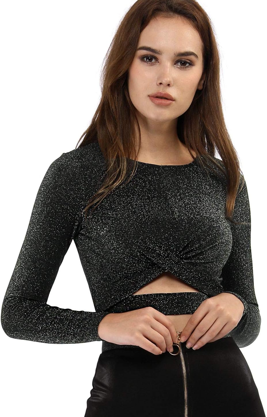 Allegra K Women's Glitter Top Twist Fitted Long Sleeve Cutout Party Cropped Sparkly Tops