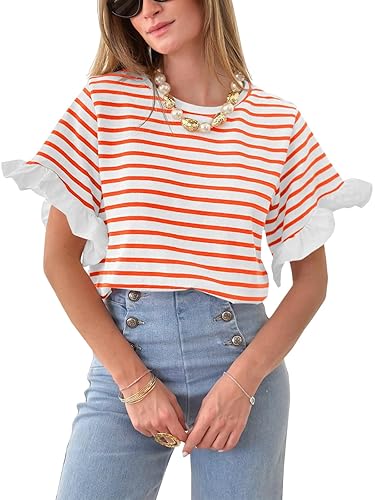 Women Striped Tops Ruffle Sleeve Casual Basic T Shirts Crewneck