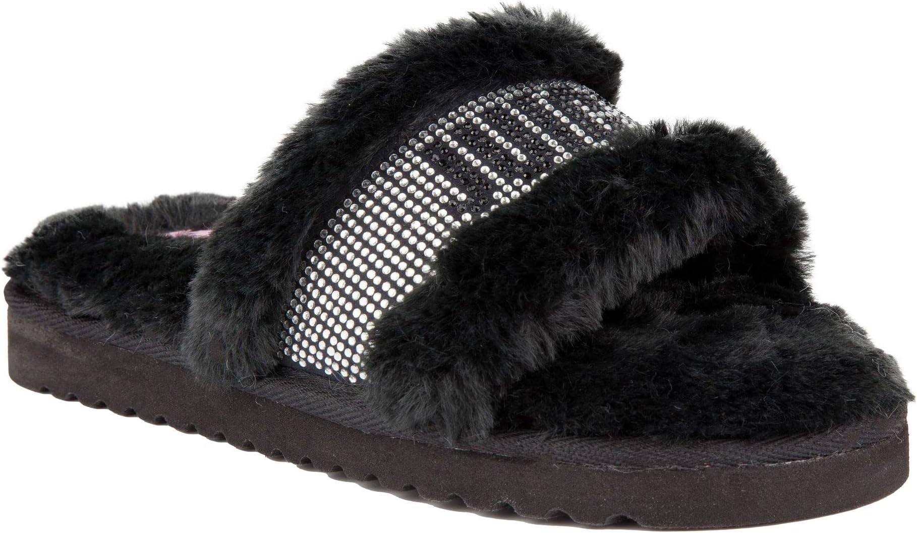Women's Luxe Faux Fur Slide Slippers with Embellished Strap, Cozy Indoor/Outdoor Fuzzy Slip-On Sandals