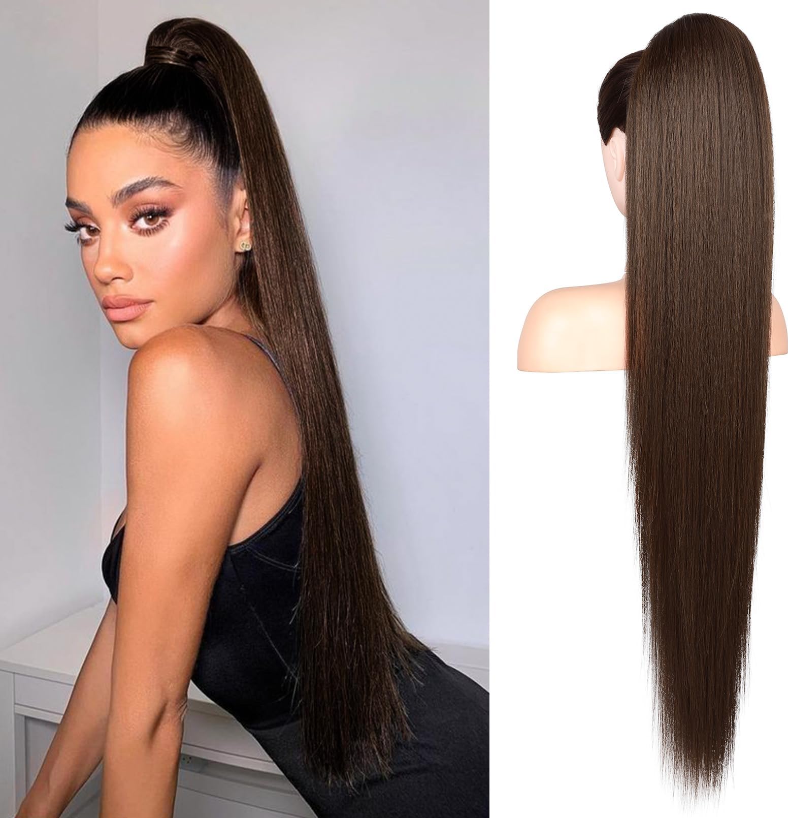 Ponytail extension, 36 Inch Long Straight Drawstring Ponytail Synthetic Hairpieces Fake Pony Tails Natural Soft Clip in Hair Extension Pony Tail for Women (Medium Brown)