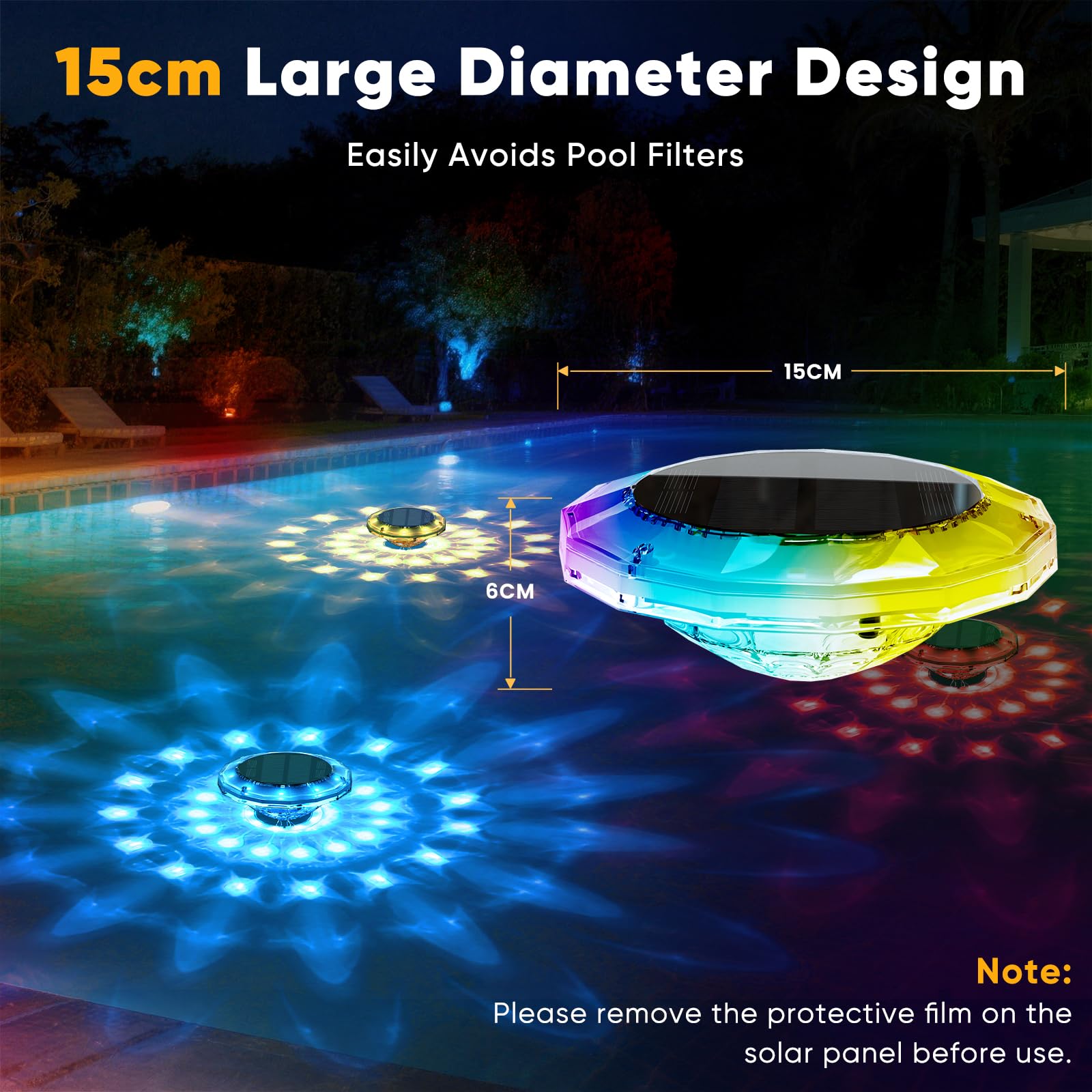 Quntis Luz Solar Piscina Flotante 15cm con Mando a Distancia, Luz LED Piscina Exterior 360°, IP68 Impermeable, 12 Modos RGB, Temporizador, Lámpara Solar Flotante para Piscina, Estanque, Jardín