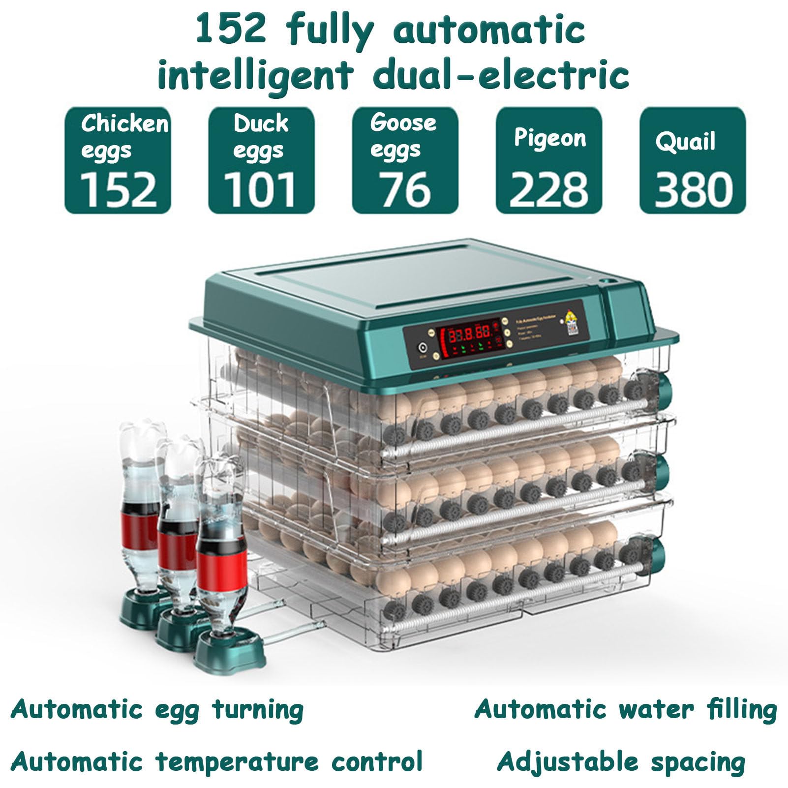 Incubatrice Digitale per Uova di pollame con girauova Automatico, Controllo di Temperatura e umidità, Schermo LED (152Eggs)