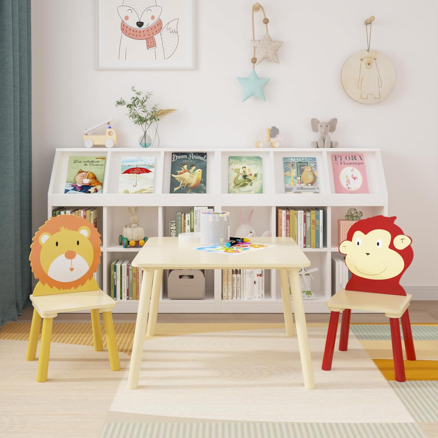 Kids Table and 2 Chairs Set, 3 Pieces Wooden Activity Play Table Set, Toddler Table and Chair Set for Boys & Girls Daycare Home Children Playroom School Kindergarten (Lion & Monkey)
