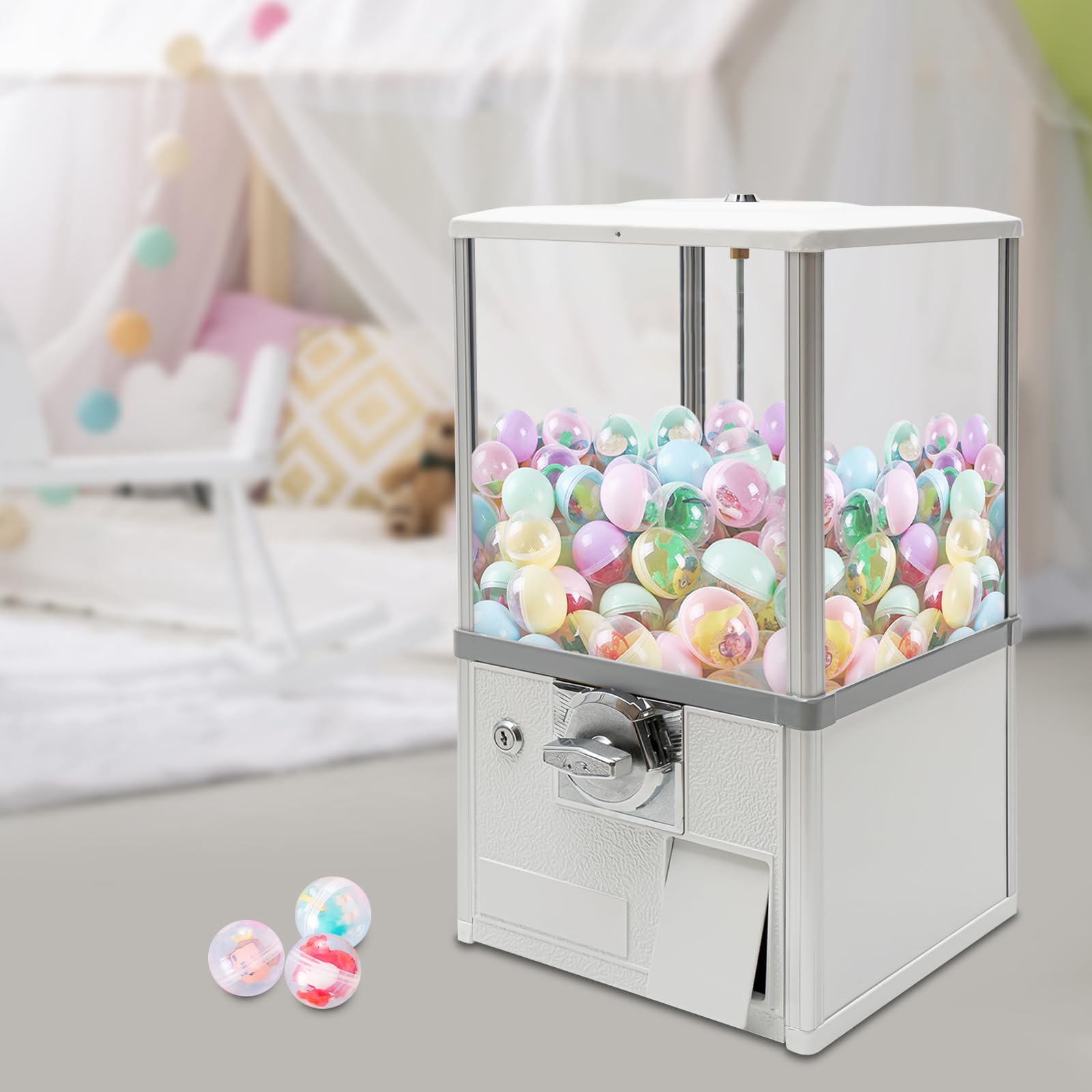 25 Cents Coin Operated Toy Vending Machine for Capsule Toys and Twister Balls, High Capacity White Mini Vending Machine Easy Operation, for Retail and Amusement Parks