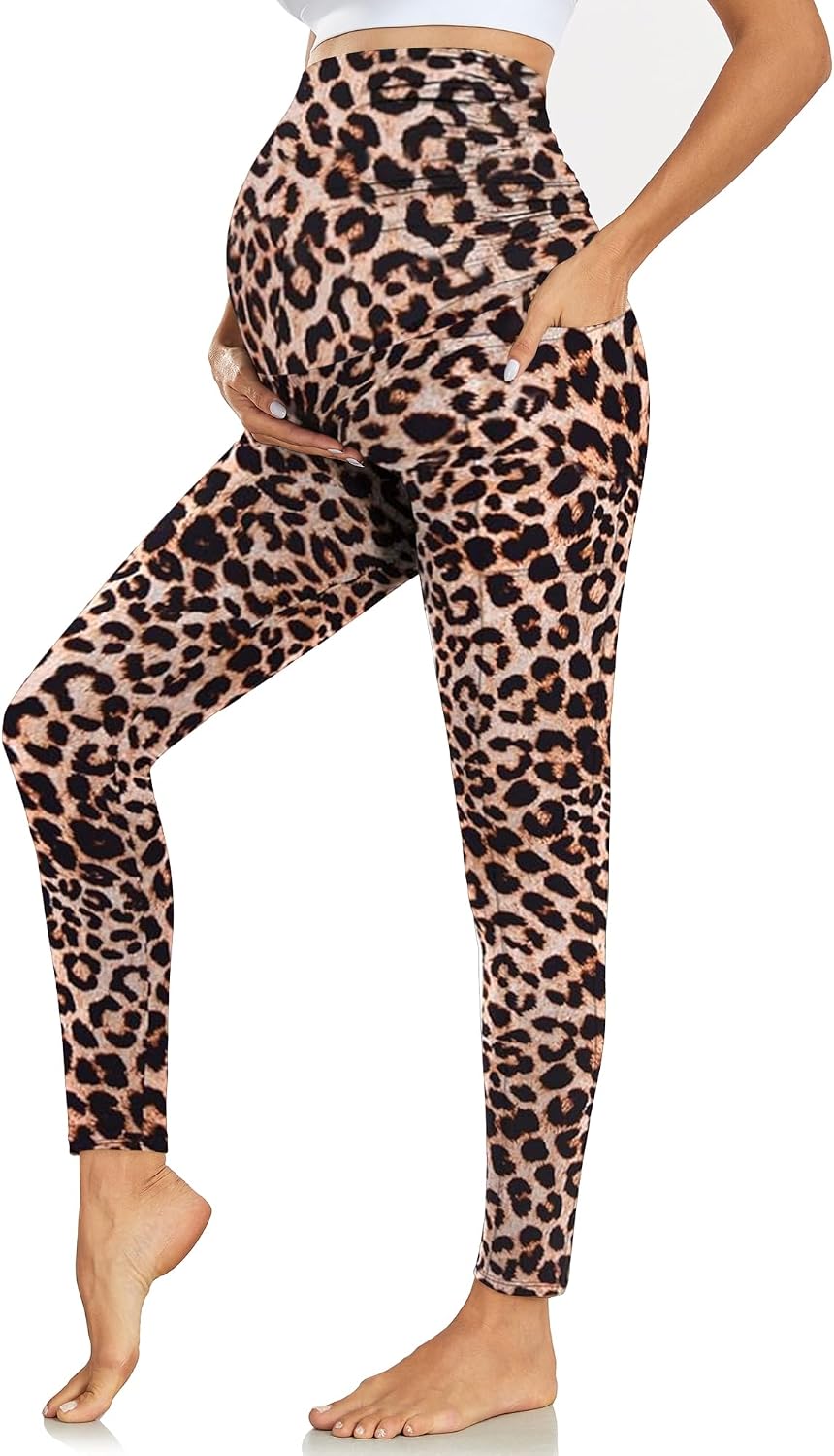 Maternity Leggings Over Bump with Pockets - Stretchy Maternity Tights Pregnancy Pants for Women Soft Belly Support