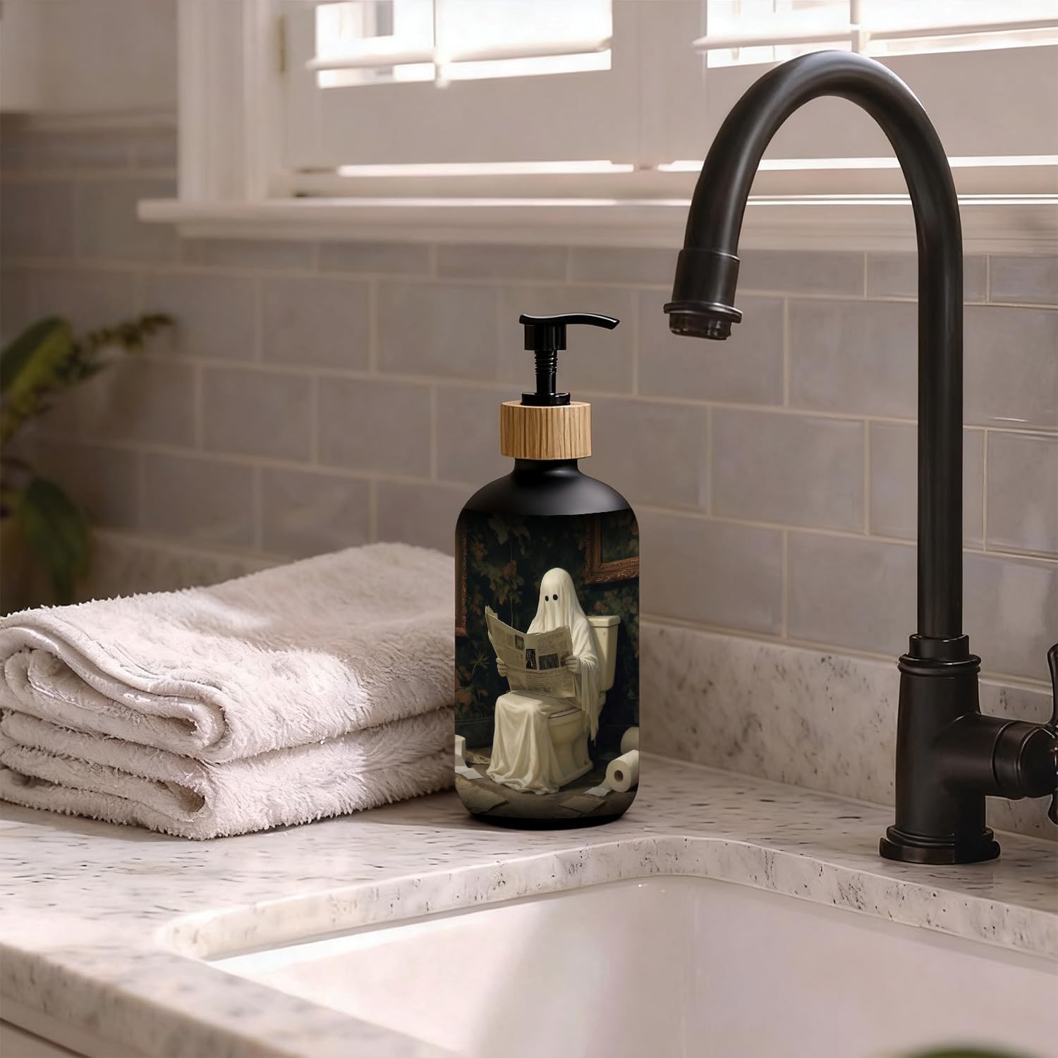 Halloween Ghost Bathroom Black Glass Soap Dispenser