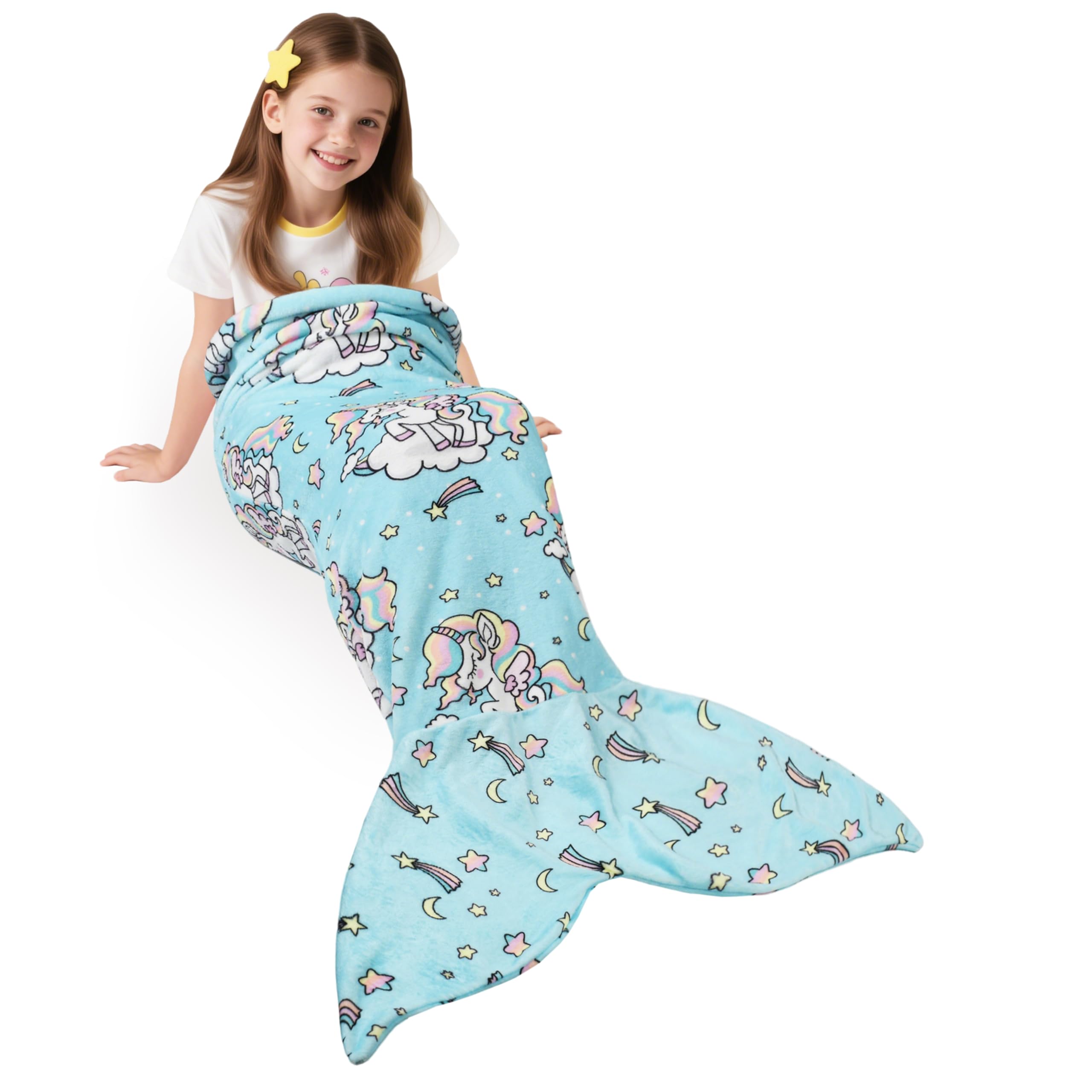 Catalonia Classy Mermaid Tail Blanket for Girls, Soft Plush Flannel Mermaid Sleeping Bag for Kids Fish Scale Pattern Lightweight Wearable Mermaid Snuggle Throw Birthday Gift BLUNI