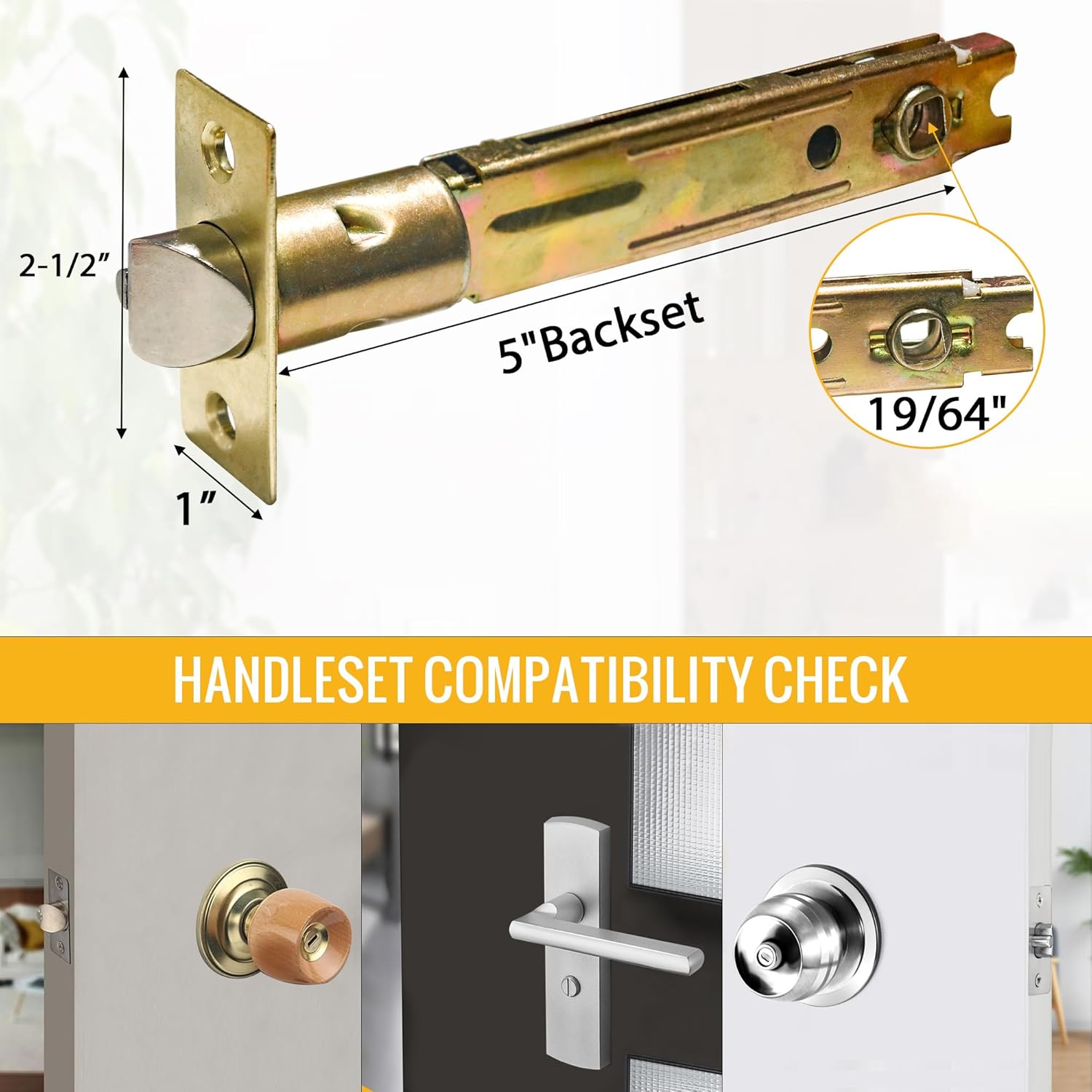 5" Backset Entry Door Latch, 3.03" Square Interface, Non-Handed, Polished Brass