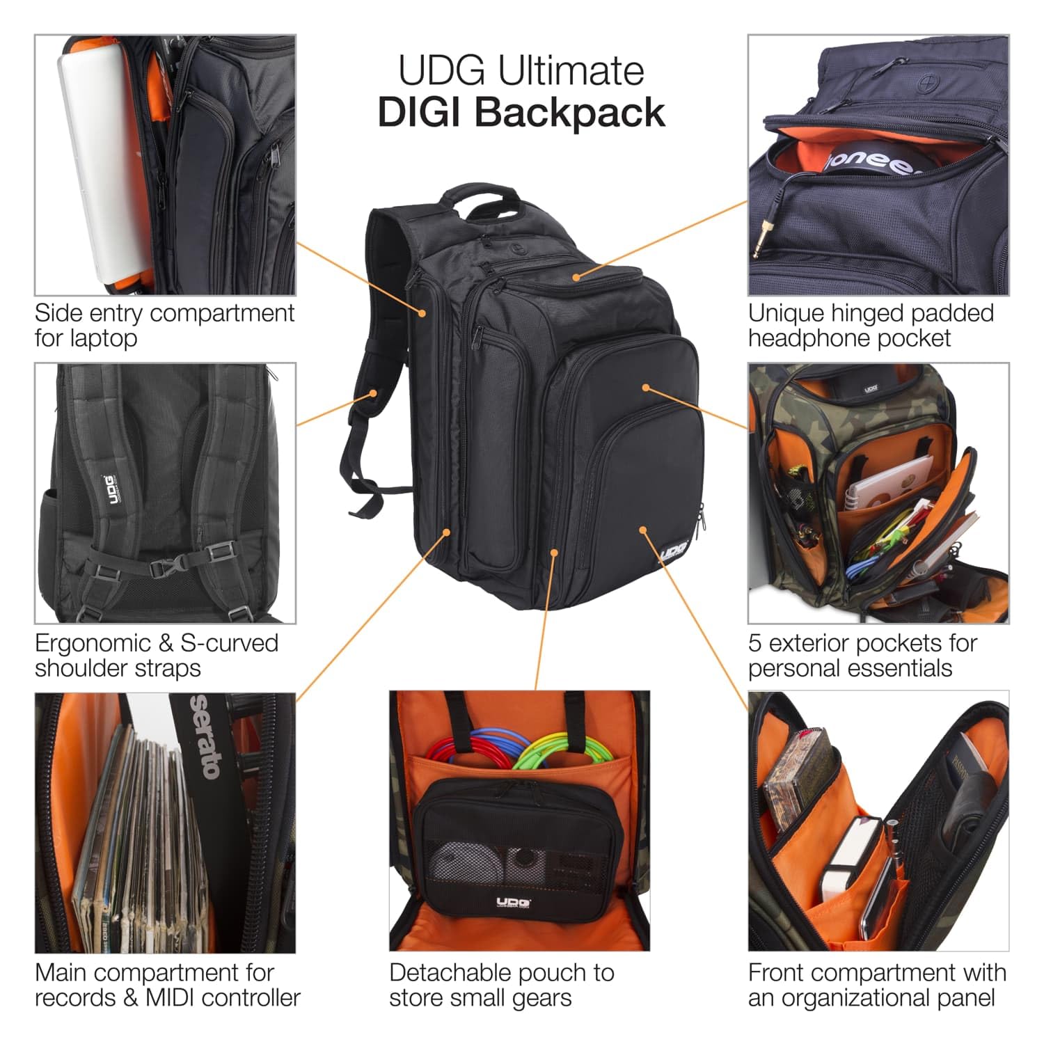 UDG Ultimate DIGI Backpack Black/Orange Inside - Zaino per Laptop, Nero con interno in Arancione