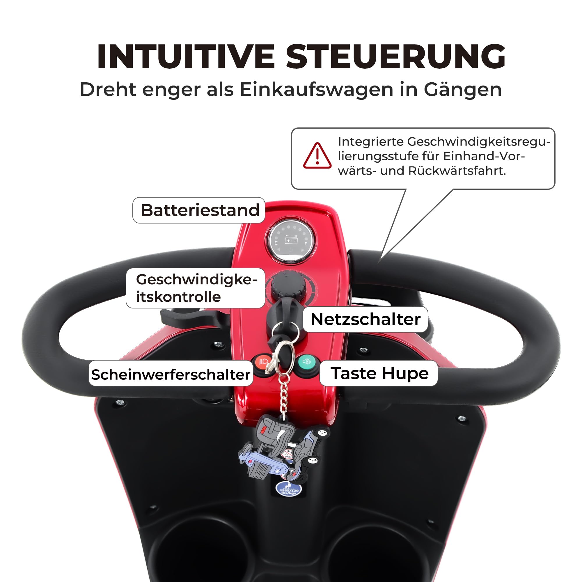 Scooter eléctrico plegable para personas mayores y mayores, parabrisas + asiento giratorio de 360°, motor de 300 W, alcance de 25 km, 2 portavasos + USB (rojo)