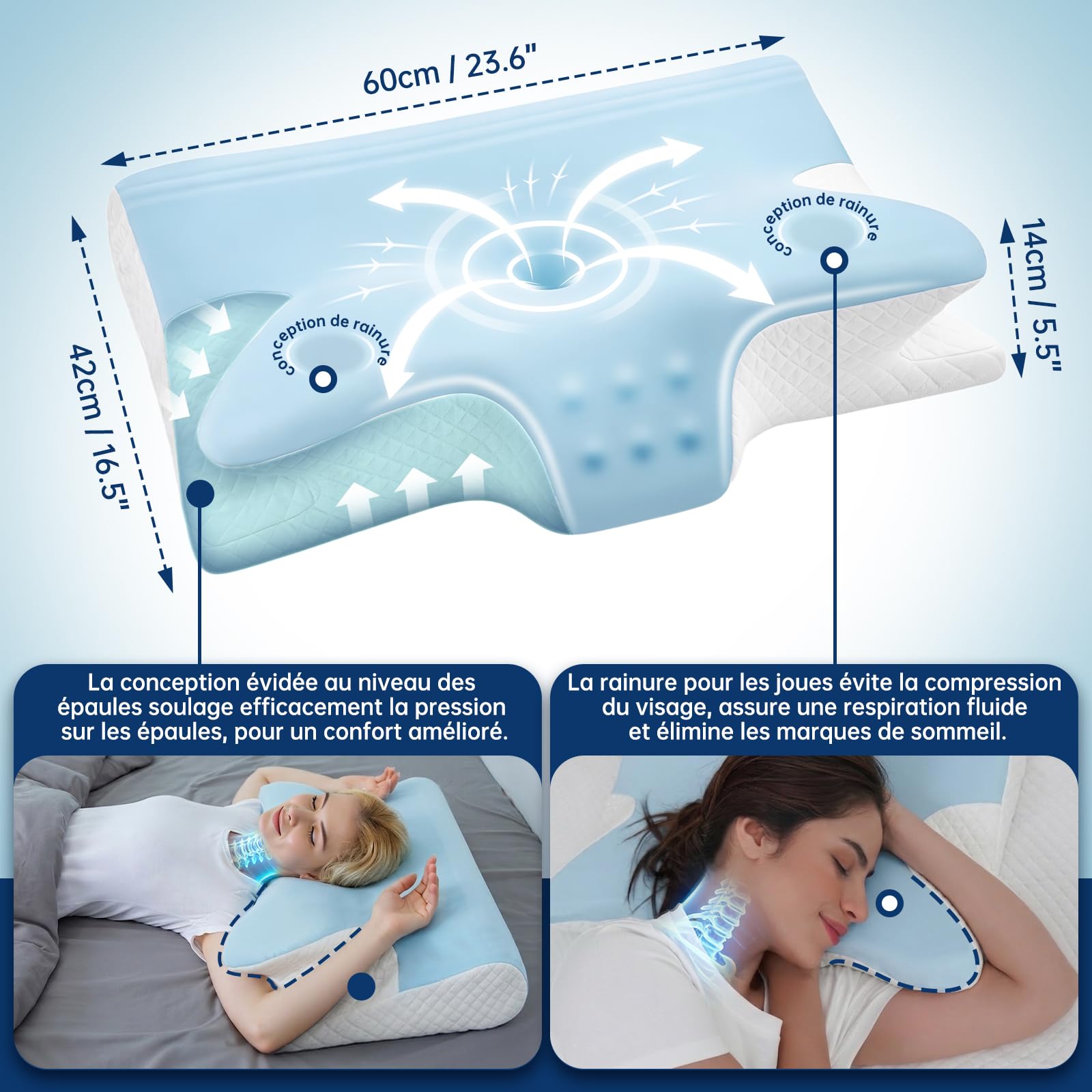 Oreiller Cervical Ergonomique, 2 en 1 Oreiller à Mémoire de Forme Papillon avec Accoudoirs, Coussin Orthopédique Anti-Ronflement pour Dormeur Côté, Dos, Ventre, 60x42x14/12cm (Bleu)