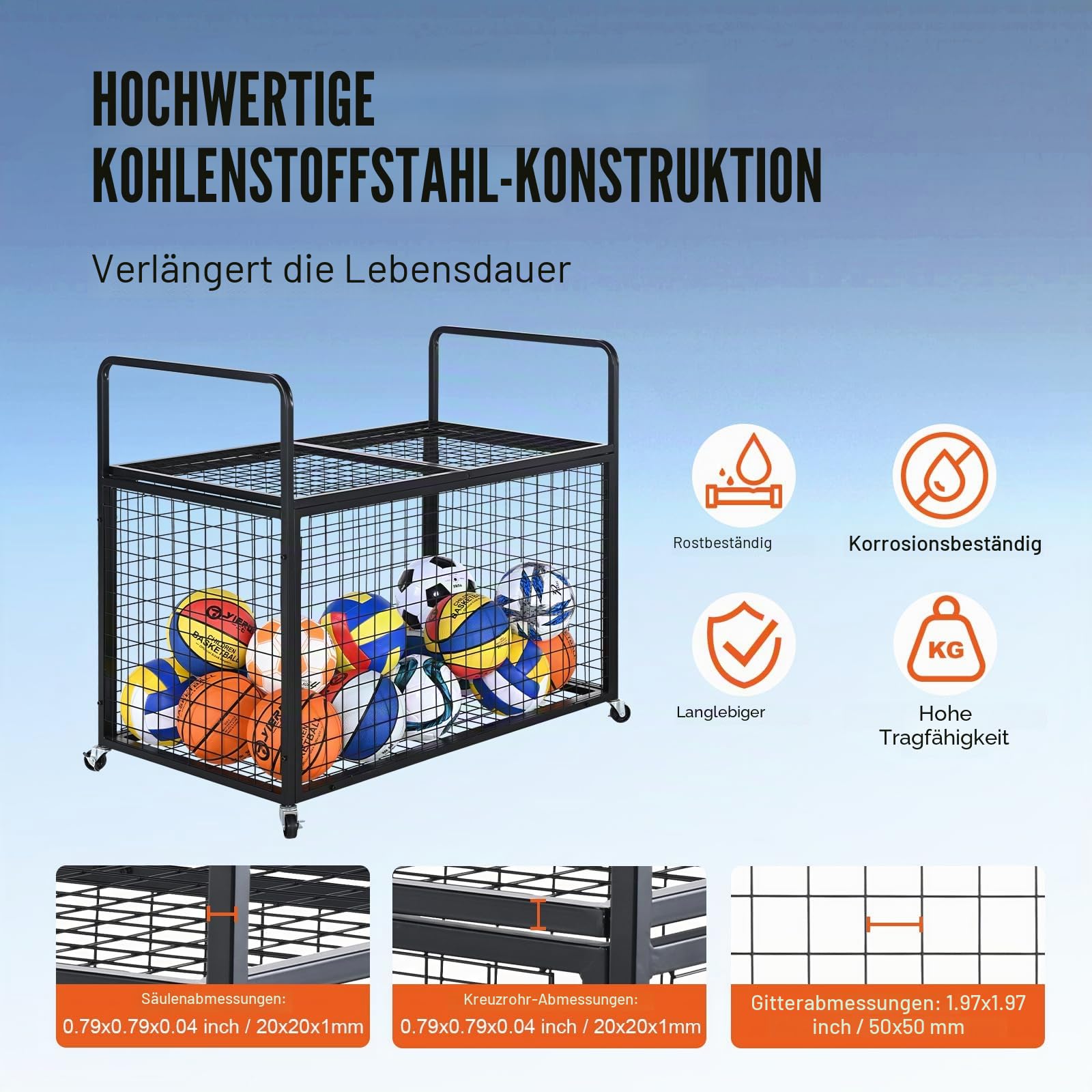 VEVOR Ballwagen Rollwagen 1150 x 610 x 912 mm Sportbällen, Abschließbarer Basketballkäfig Ballkäfig, Sportausrüstung für den Innen- und Außenbereich, Rollbar Aufbewahrungswagen aus Stahl für Garagen
