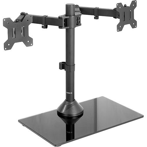 VIVO Freestanding Dual Monitor Stand with Sleek Glass Base and Adjustable Arms, Mounts 2 Screens up to 27 inch and 22 lbs Each, Black, STAND-V002FG