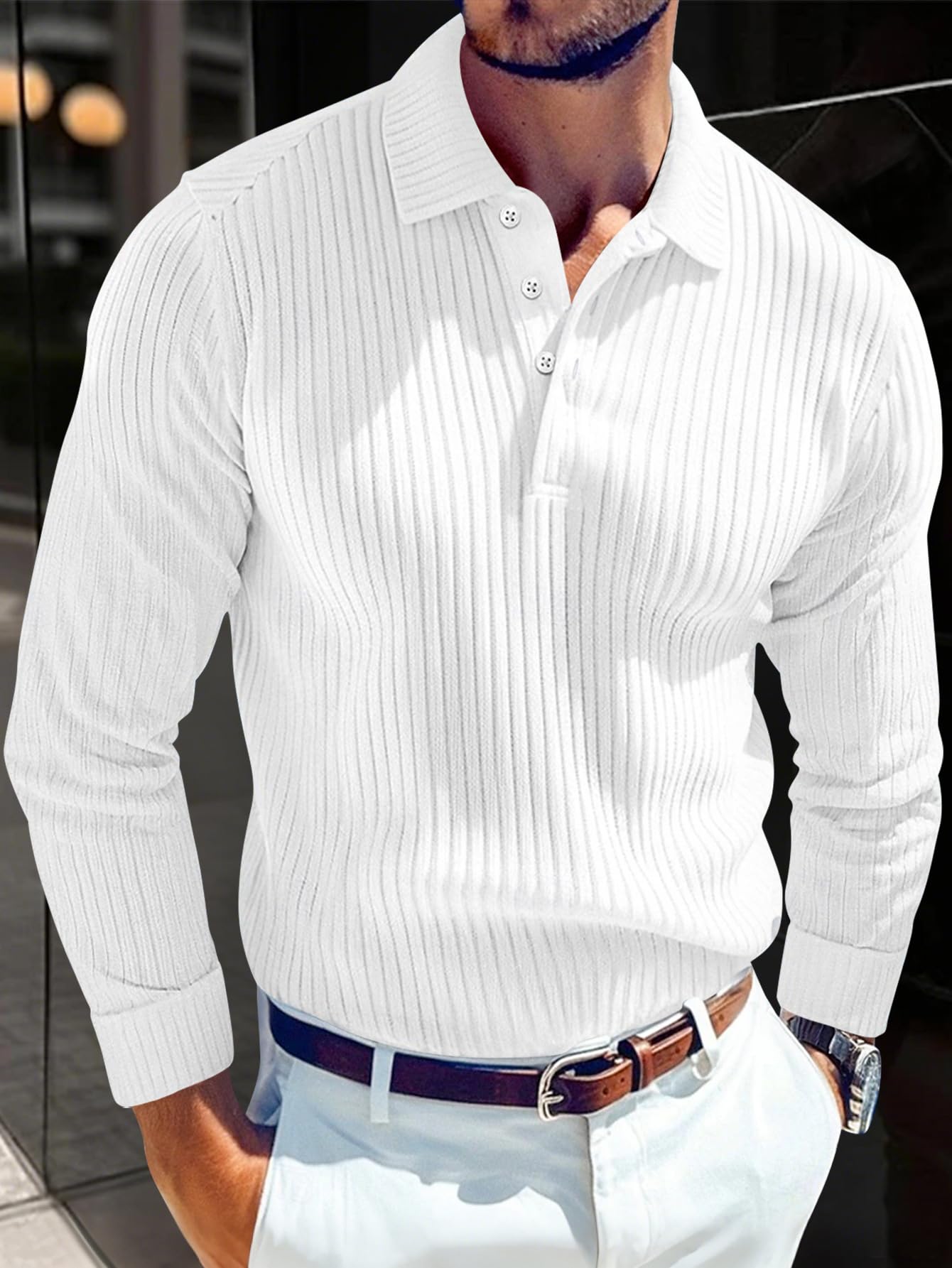 Men's Casual Knit Polo Shirts Long Sleeve Button Down Polo Shirt Fashion Golf Shirts
