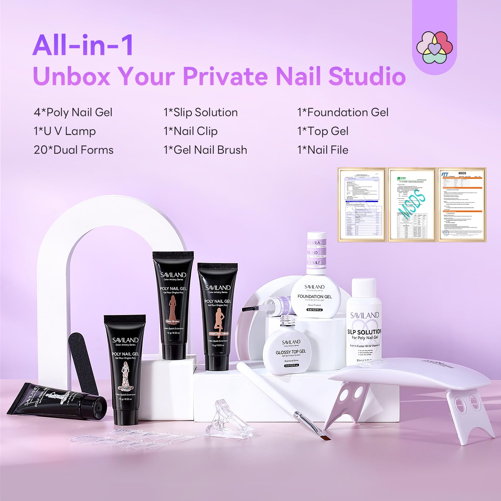 SAVILAND Poly Gel per Unghie Kit, 4 Colori Marrone, Glitter, Gel Ricostruzione Unghie con Base & Top Coat, Lampada UV e Strumenti per Unghie, Estensione Unghie Kit Nail Art per Fai Da Te a Casa 02