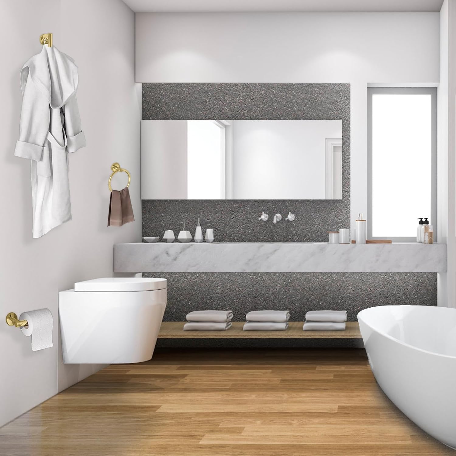 3-Pieces Bathroom Hardware Set,Stainless Steel Toilet Paper Holder,Towel Ring,Robe Towel Hooks,Towel Racks Bathroom Accessories for Bathroom Wall Mounted,Brushed Gold