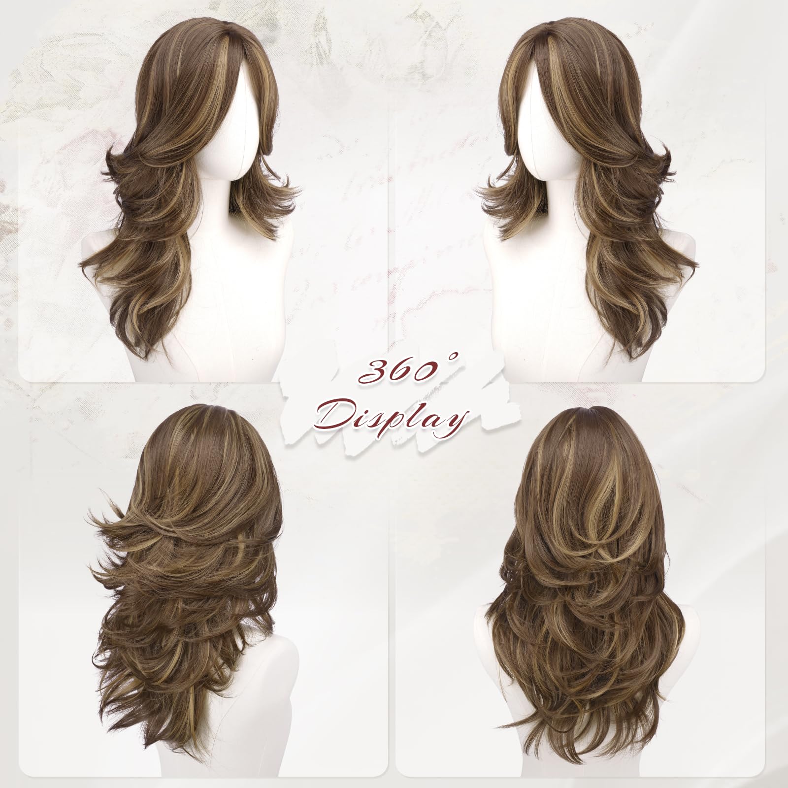 FESHFEN Parrucca Lunghe Ondulate con Frangia per Donne, 50 cm Castano Biondo Misto Parrucche Naturale Stratificato Sintetici Resistente Wig per Use Quotidiano le Feste e il Cosplay