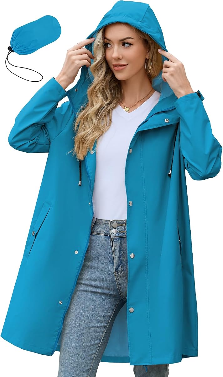Long Packable Rain Jacket Women Waterproof Raincoat with Hood