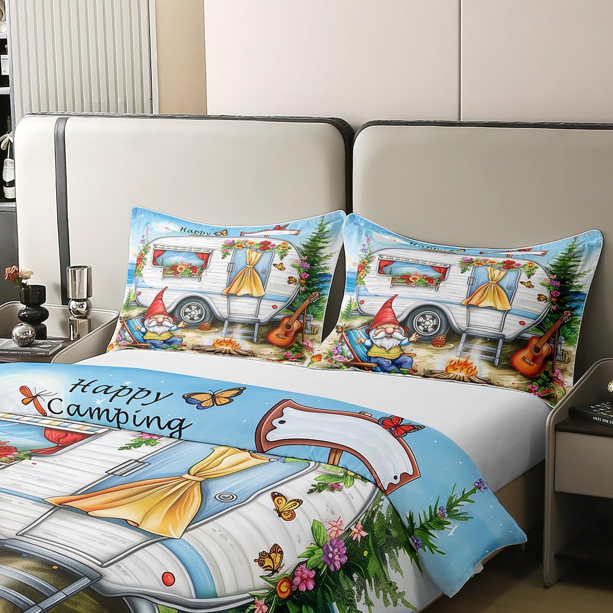 Homewish Krasnal kempingowy 100% bawełna poszewka na kołdrę podwójna dla dzieci chłopców dziewcząt, zestaw pościeli do kampera, zestaw pościeli na przyczepę podróżną, kwiatowy motyl poszewka na kołdrę