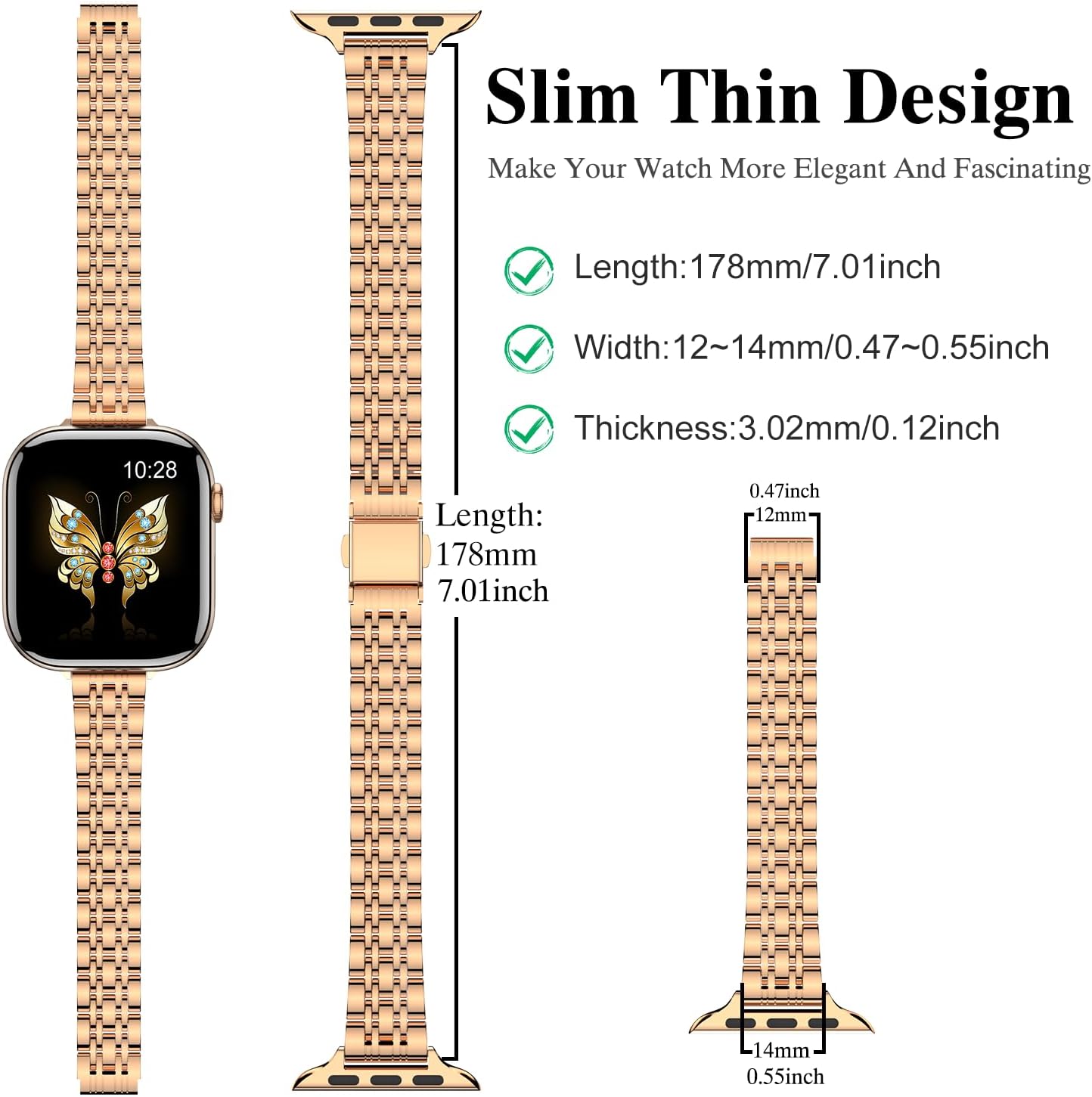 MioHHR Slim Metal Band Compatible with Apple Watch Band 42mm(Series 11 10) 41mm(Series 9 8 7) 40mm(Series 6 5 4 SE3/2/1) 38mm(Series 3 2 1),Stainless Steel iWatch Bands for Women,Rose Gold - Image 3