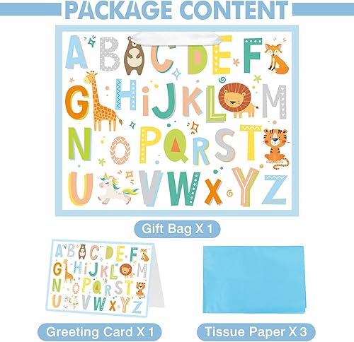 Miniatura 9 de Bolsa de regalo grande de 13 pulgadas para bebé con papel de seda y tarjeta de felicitación para baby shower, cumpleaños (animal del alfabeto ABC)