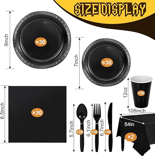Miniatura 3 de Juego de vajilla desechable negra de 212 piezas, suministros para fiesta, 30 platos de plástico negro, utensilios y servilletas negras de 12 onzas,