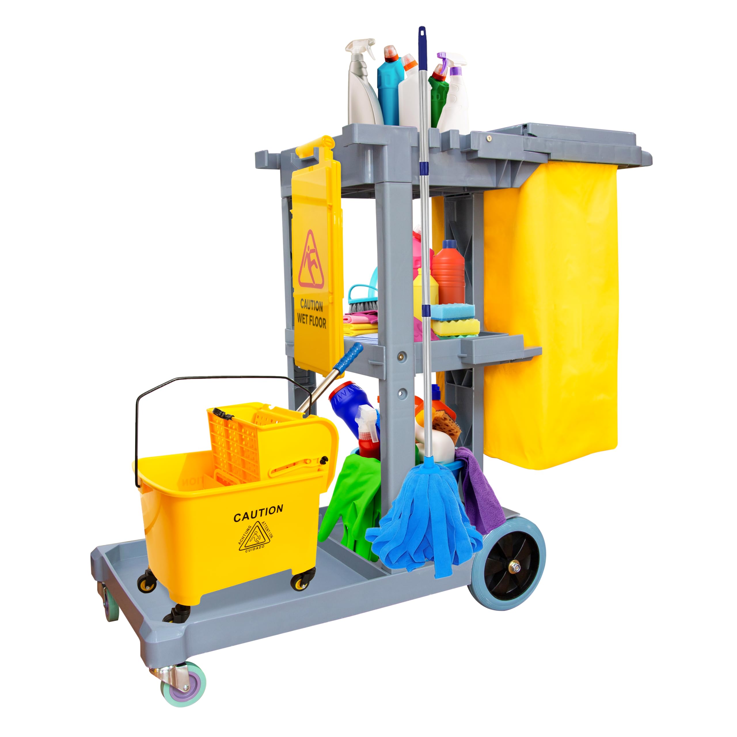 Berry Cleaning Trolley on Wheels | Janitorial Cart with Mop Holders | Commercial Janitor Utility Cart with Detachable Cloth Bag | Housekeeping Cleaning Cart for Restaurants, Malls, Hospitals