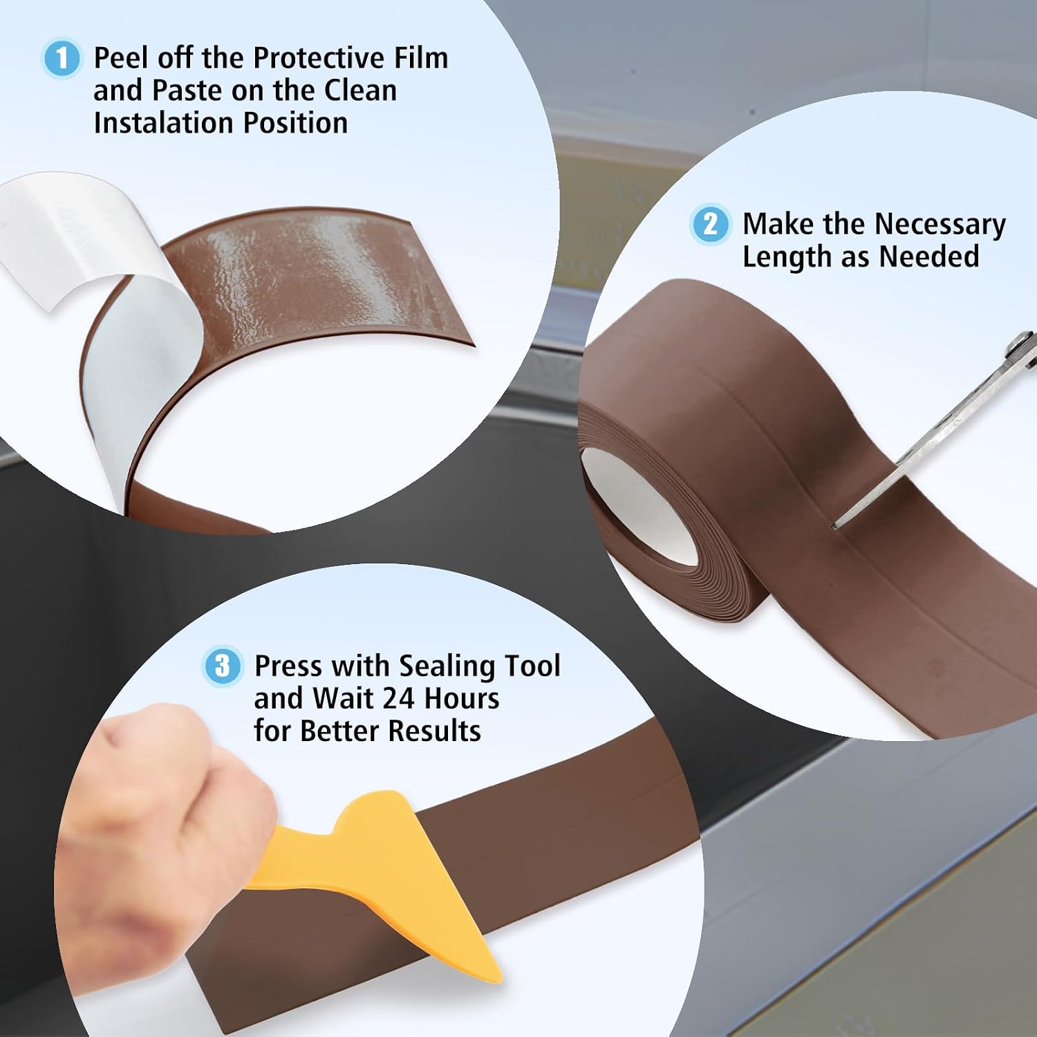 Waterproof Seal Caulk Strip Tape Self Adhesive for Sink Toilet Bathroom Wall Edge Bathtub Oil-Proof Caulking Sealing Tape 1.5" x 10.5' (W*L) 3Pcs Brown