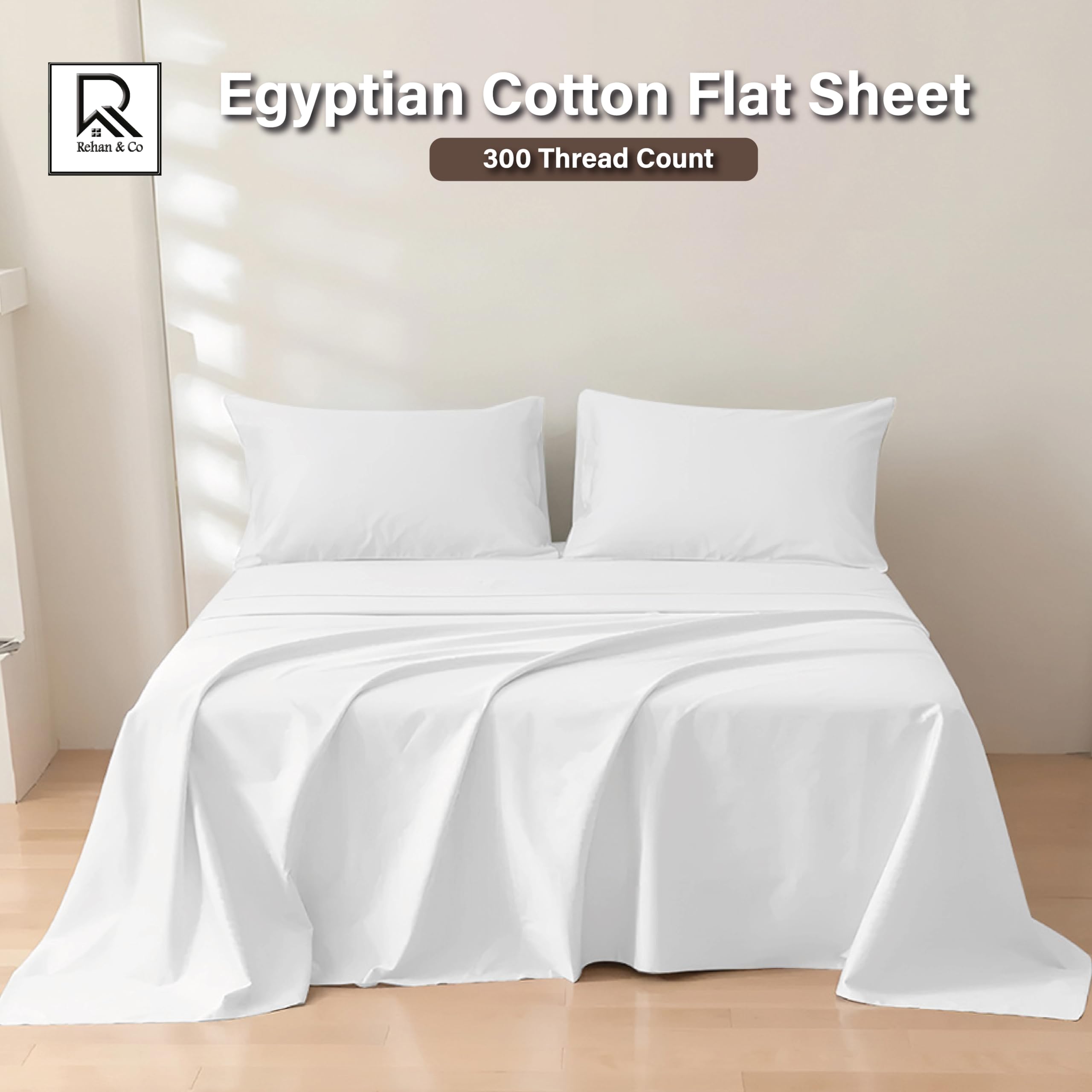 Rehan & Co King Size Flat Sheet White 100% Egyptian Cotton 300 Thread Count Hotel Quality Bedding Plain Dyed Breathable Flat Bed Sheets (250cm x 280cm) - Image 2