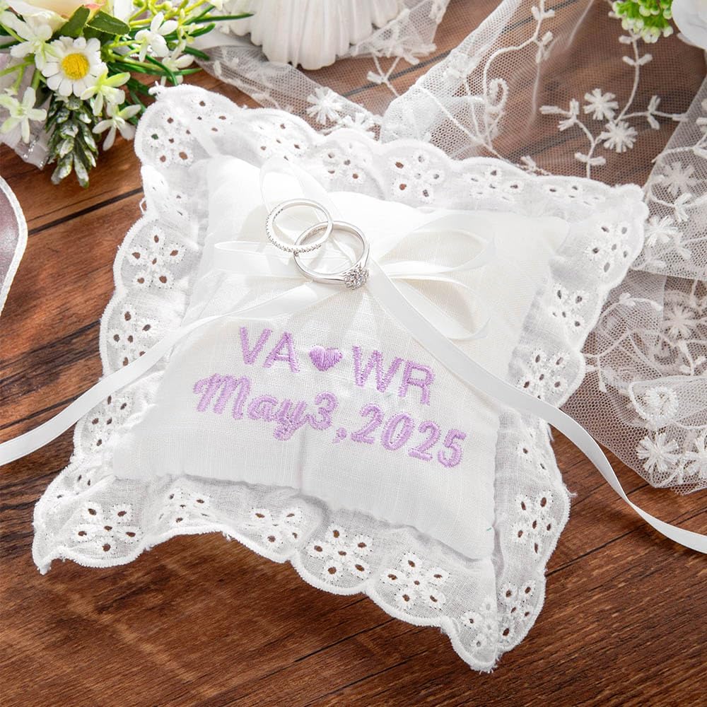 callie Personalized Wedding Ring Pillow - Custom Names & Date, Ring Bearer Pillows Cushion, Wedding Ceremony Engagement Gifts for Bride Groom Couple (5.5/7 inches)