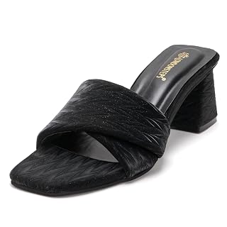 LONDON STEPS Women's Block Heel Slides Sandals | Fashion Open Toe Slip-On Heels | Comfortable Party & Casual Wear Mule Sandals for Women