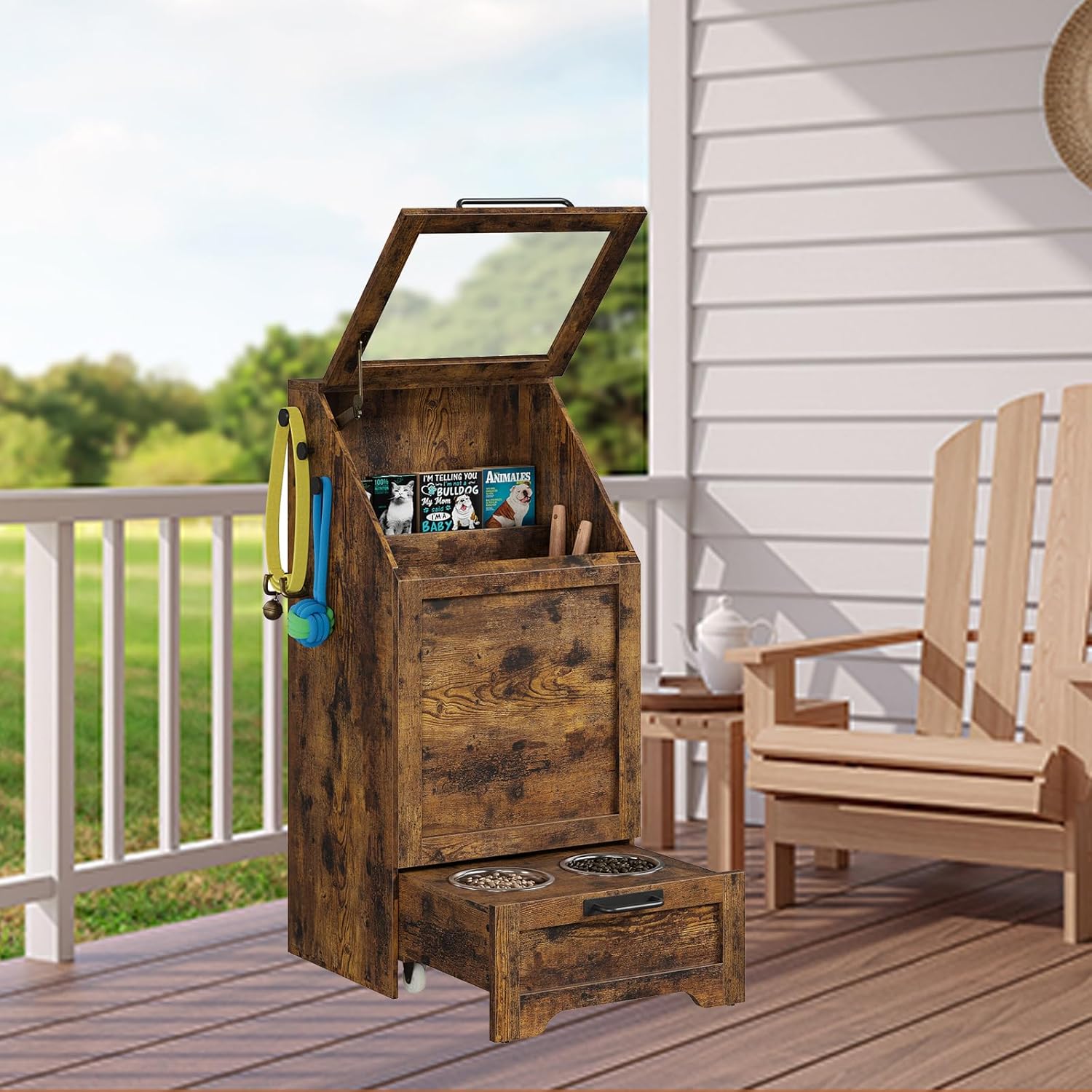35''H Pet Food Cabinet Flip Top Dog Food Storage Cabinet,Dog Feeding Station with 2 Elevated Dog Bowls, Large Pet Toy Storage Organizer,Rustic Brown