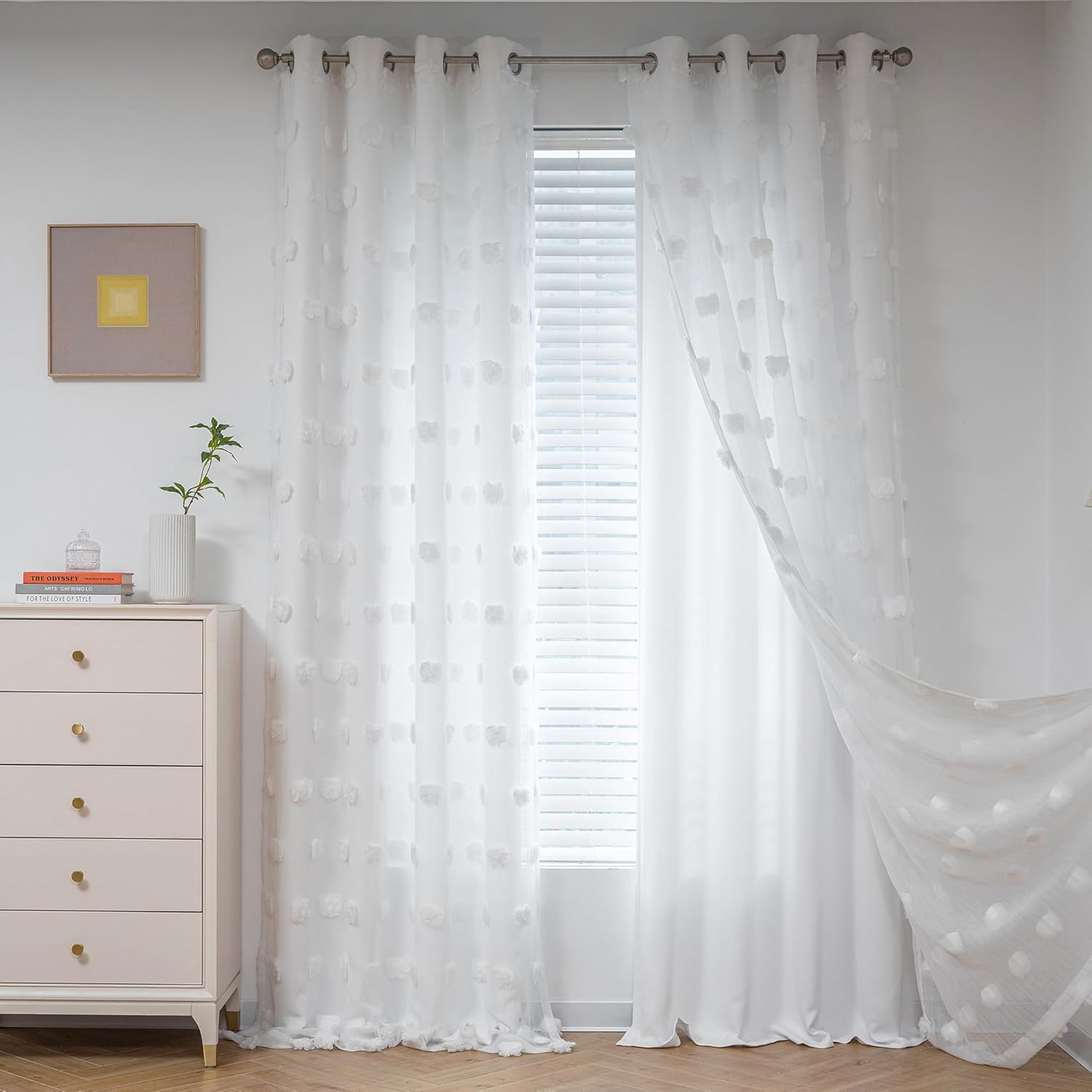 MYSKY HOME Kids Curtains for Girls Bedroom Double Layer Curtain for Daughter Room 84 Inches Long Pom Pom Sheer Drapes White Curtains for Living Room Grommet Room Darkening Panels W52 X L84