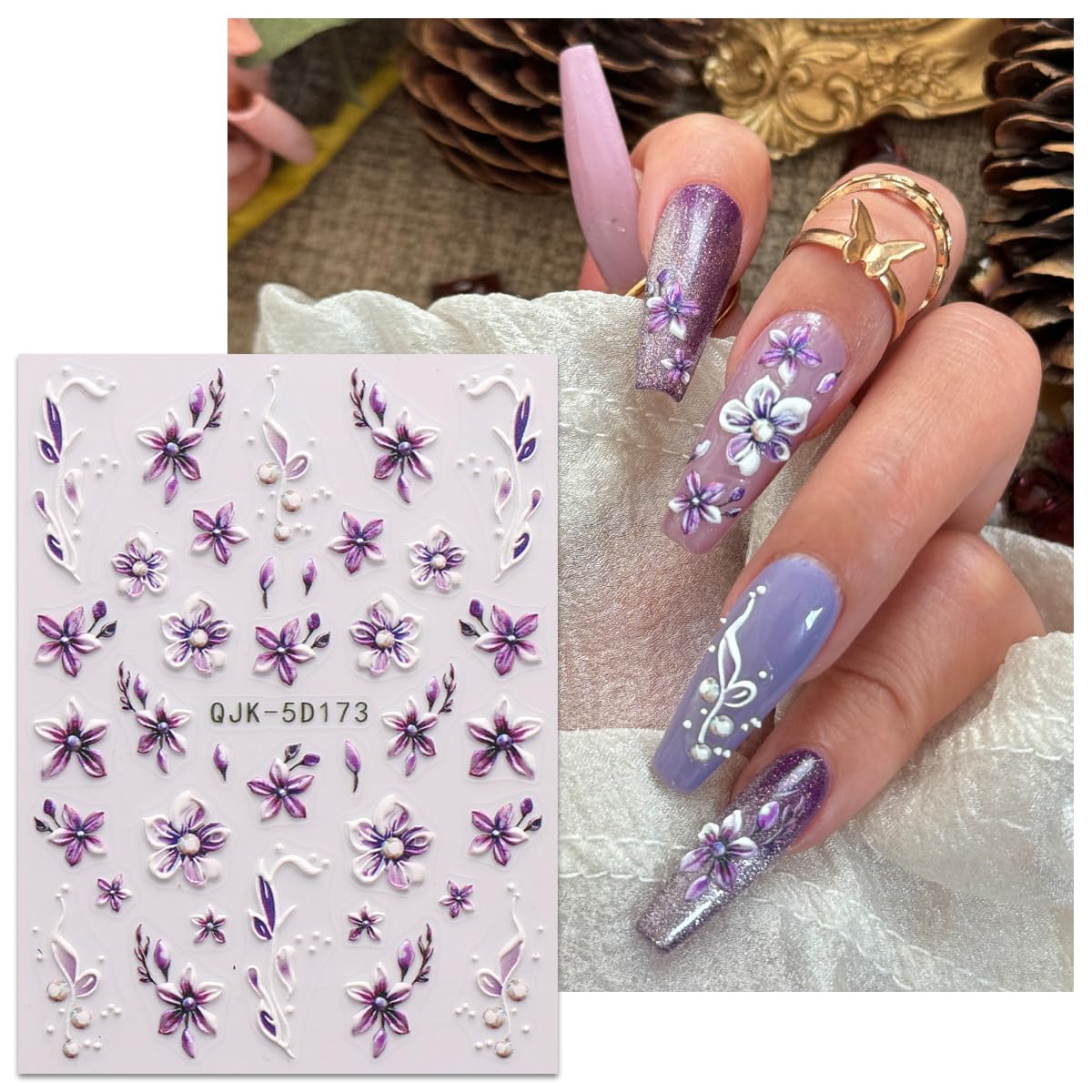 JMEOWIO 3D Nagelsticker, 4 Blätter Mit Blumen & Frühlingsmotiven | Selbstklebend Für DIY-Nageldesign