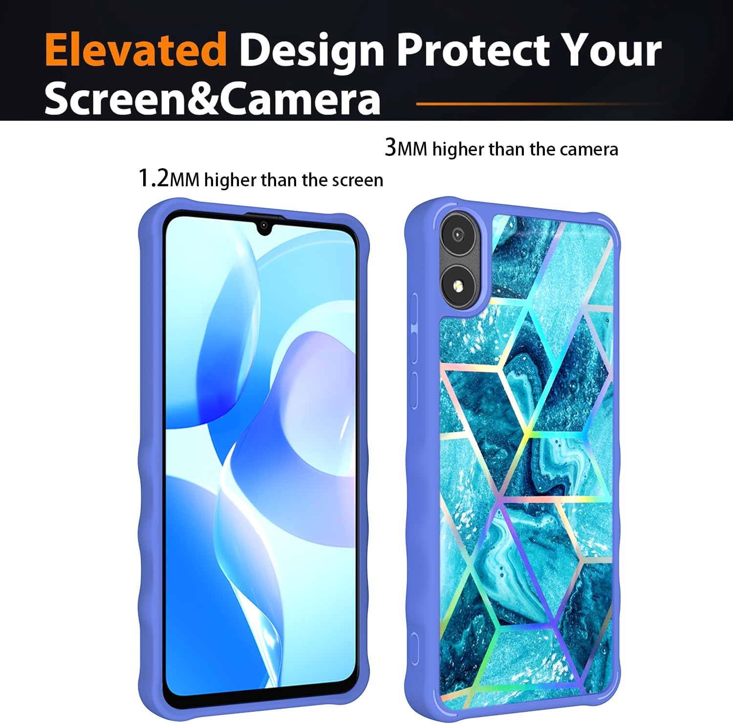 Phone in case showing elevated screen and camera protection
