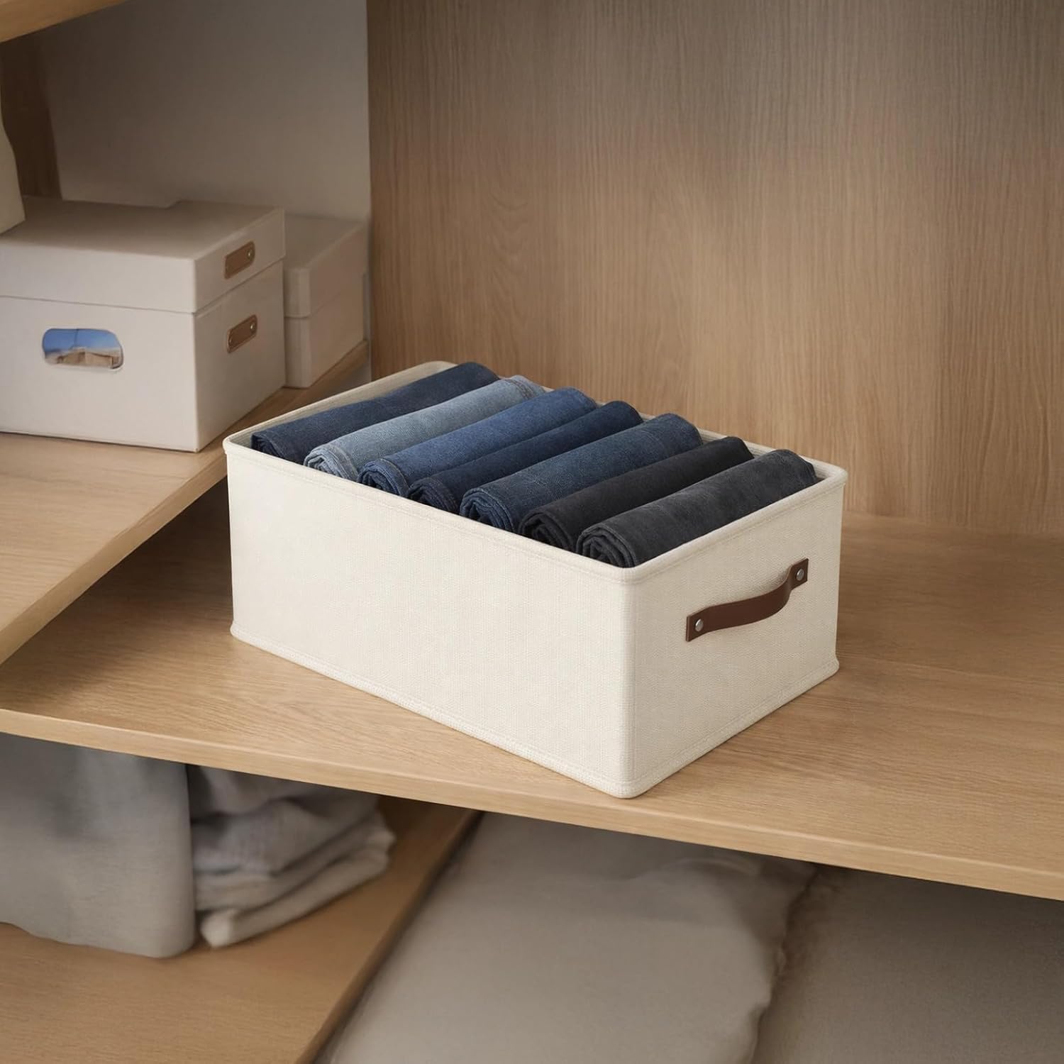 5 Pcs White Oxford Cloth Clothes Organizer for Pants, Foldable Stackable Closet Organizers, with Pp Board, Dividers, Leather Handle, Space Saving Wardrobe Storage, Variety of Sizes