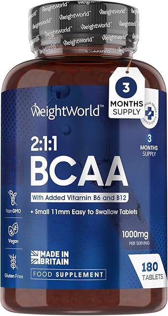 BCAA Tablet 1000mg Per Serving - 180 Protein Tablets (3 Months Supply) - 2:1:1 Branched Chain Amino Acids Tablets with Vitamin B12 & B6 - BCAA Powder Alternative - Pre Workout Supplement for Energy