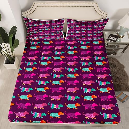 Erosebridal Sábana bajera ajustable para niños y niñas, bonito juego de ropa de cama con diseño de perro salchicha para niños, niñas, bonito juego