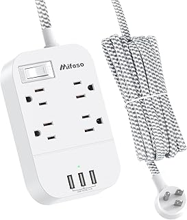 Power Strip Long Extension Cord - 10Ft Braided Extension Cord with Flat Plug, 4 Outlets and 3 USB Charging Ports, Overload Protection and Wall Mount for Home, Office