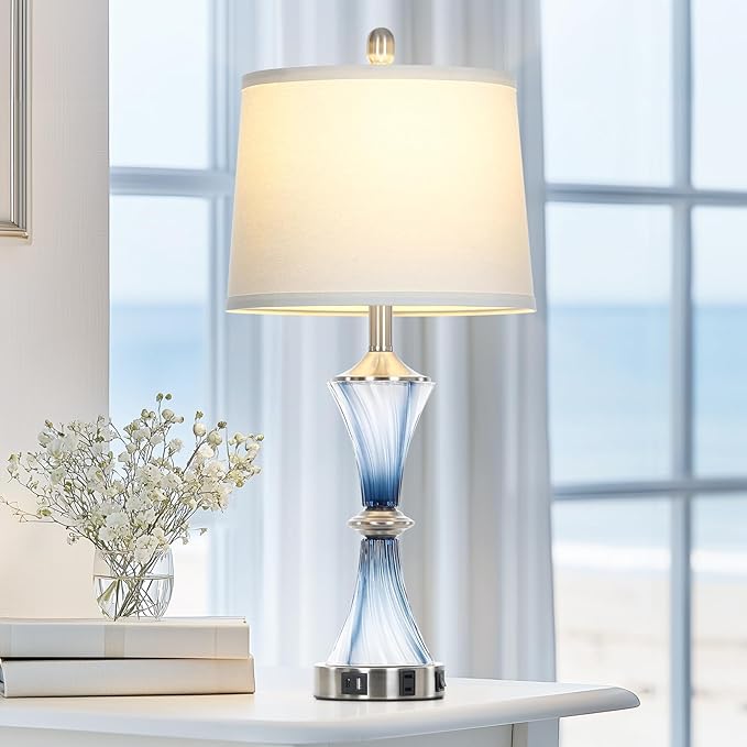 Rinweey Blue Glass Table Lamp with USB C+A Ports & AC Outlet,Coastal Bedside Lamp for Night Stands Bedroom Living Room,Nightstand Lamp LED Bulbs Included,Single Blue photo 3