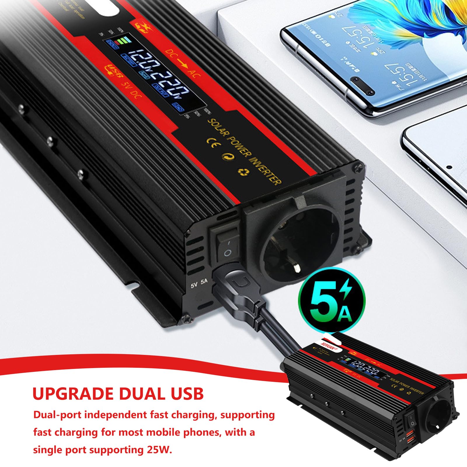 2000W Wechselrichter Spannungswandler 12V auf 230V, Modifizierte Sinuswelle Inverter mit 1 AC Steckdose & 2 USB Port Stromwandler und LCD-Anzeige, Stromumwandler Adapter für Auto KFZ Wohnwagen LKW