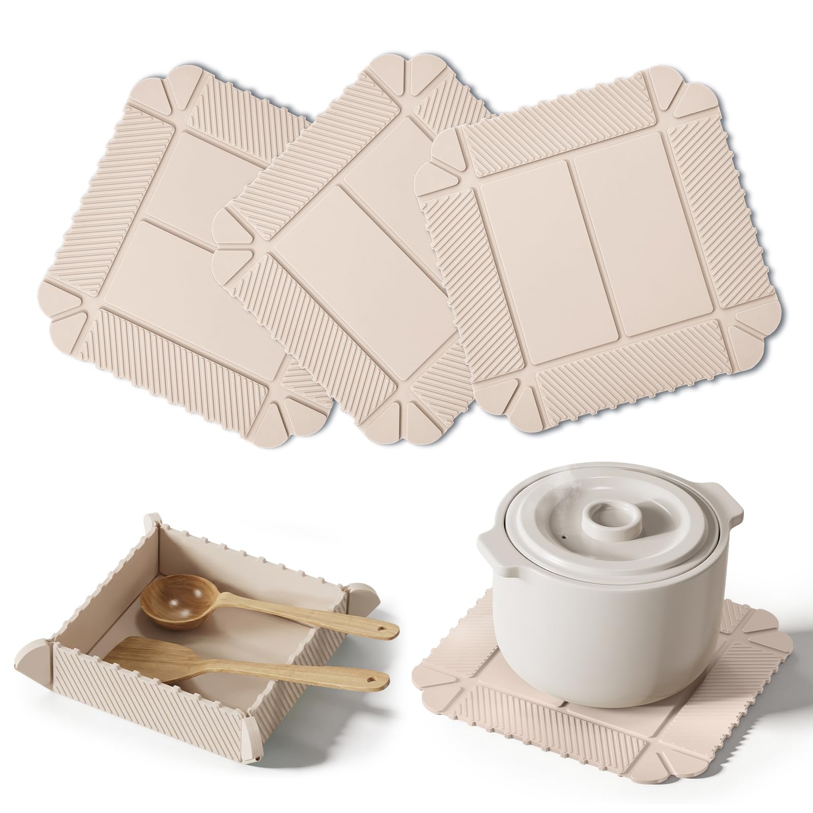 nediea 鍋敷き おしゃれ シリコン 3枚セット 22CM なべしき 耐熱 240度 滑り止め 柔軟 防水マット 断熱パッド 多機能 折りたたみ可能収納皿 冷蔵庫マグネット収納 簡単洗浄 収納便利 四角型 (ベージュ) - 2