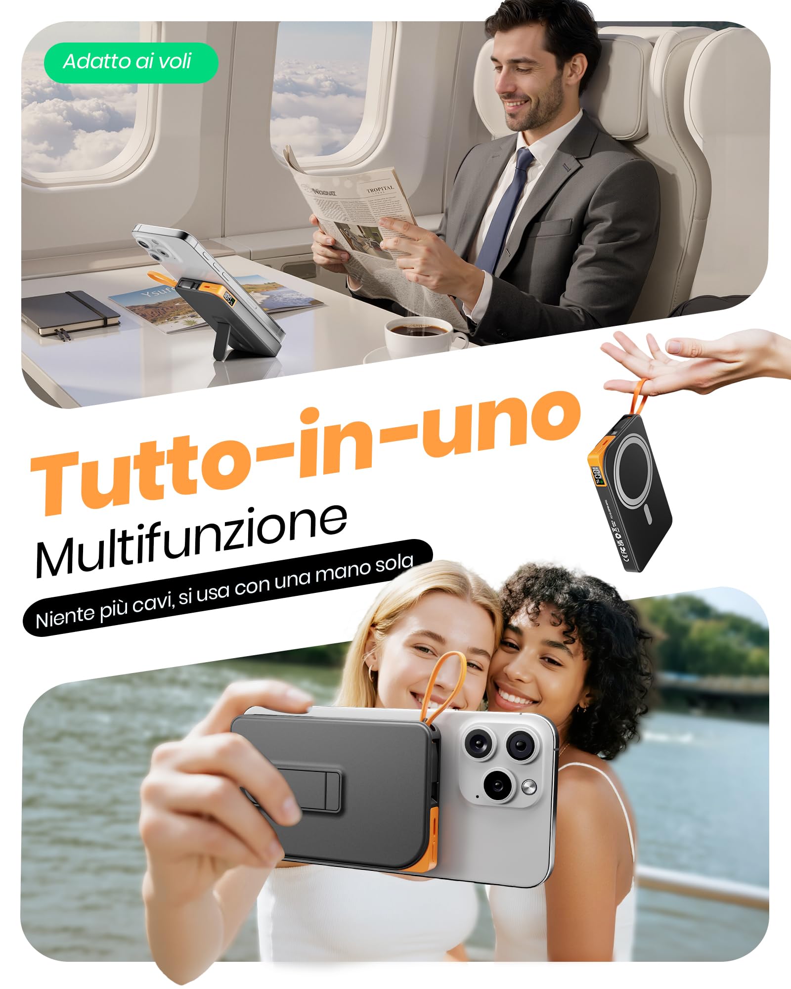 Powerbank Magsafe,10000mAh Power Bank iPhone Ricarica Rapida 22.5W a Cavo Integrato,Caricatore Portatile Magnetico con Display LED & Stand, Wireless Batteria Esterna per iPhone 17/16/15/14/13/12 Serie