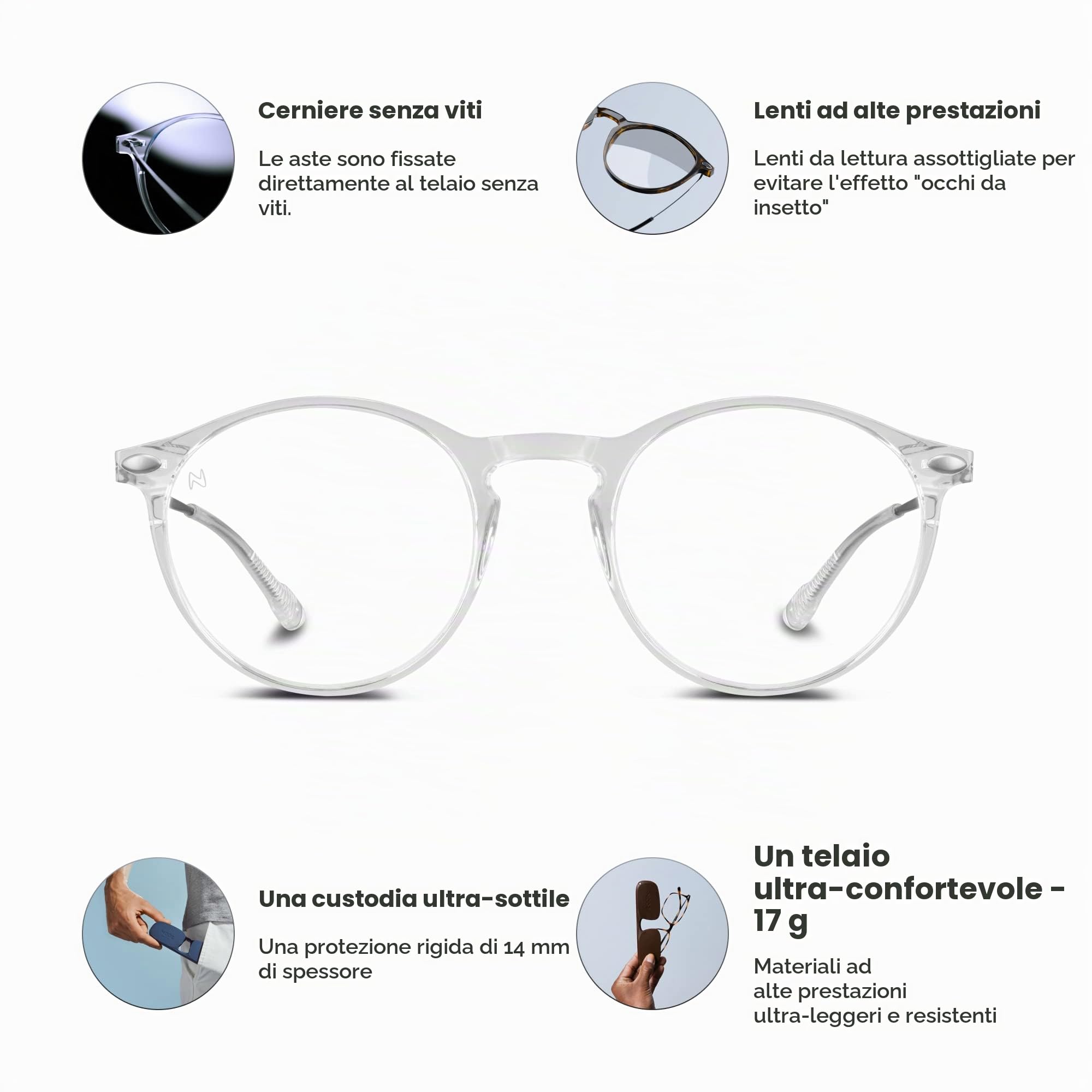 NOOZ Optics Occhiali con lenti di ingrandimento unisex - Occhiali da lettura ultraleggeri (17 g) per donne e uomini con custodia compatta - Presbiopia - CRUZ - Ovali - Cristallo - 1.5
