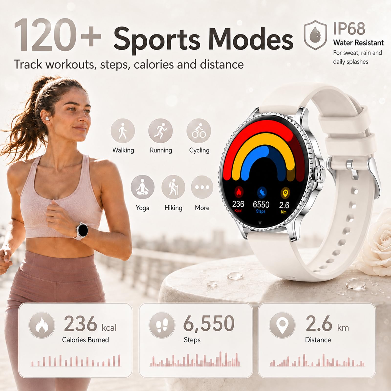 Montre Connectée Femme Ronde avec Appel Bluetooth, 1,27" Smartwatch Femme avec Bracelet en Acier avec Strass, SpO2 Fréquence Cardiaque Sommeil, 120+ Modes Sport, Étanche IP68 pour Android iOS, Argent