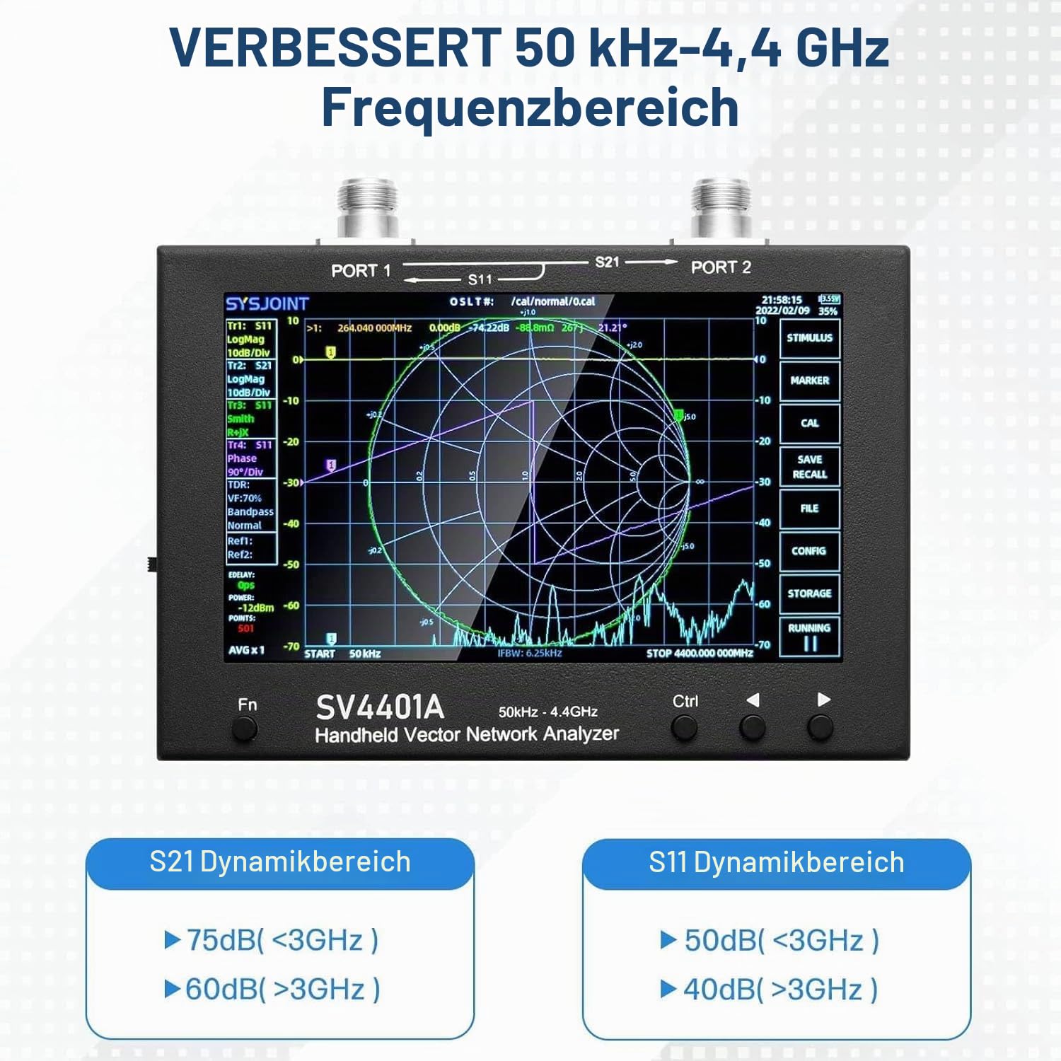 SV4401A Vektornetzwerkanalysator, Antennenanalysator 50 kHz–4,4 GHz, mit 6700-mAh-Akku und 8 GB Speicher, Messung von VHF und UHF-Messungen von S-Parametern, SWR, Phasenwinkel