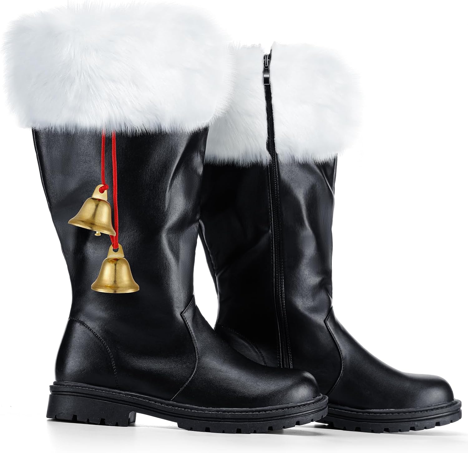 Liitrsh Christmas Santa Claus Boots Men's Wide Calf Santa Combat Boots with White Plush Cuffs Foot Bells Buckle Strap for Halloween Christmas Costume