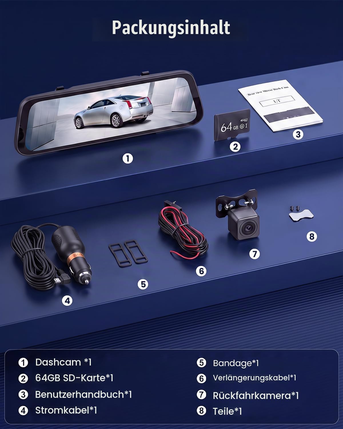 9,66" Spiegel Dashcam Vorne Hinten 1080P, WiFi, IPS-Touchscreen